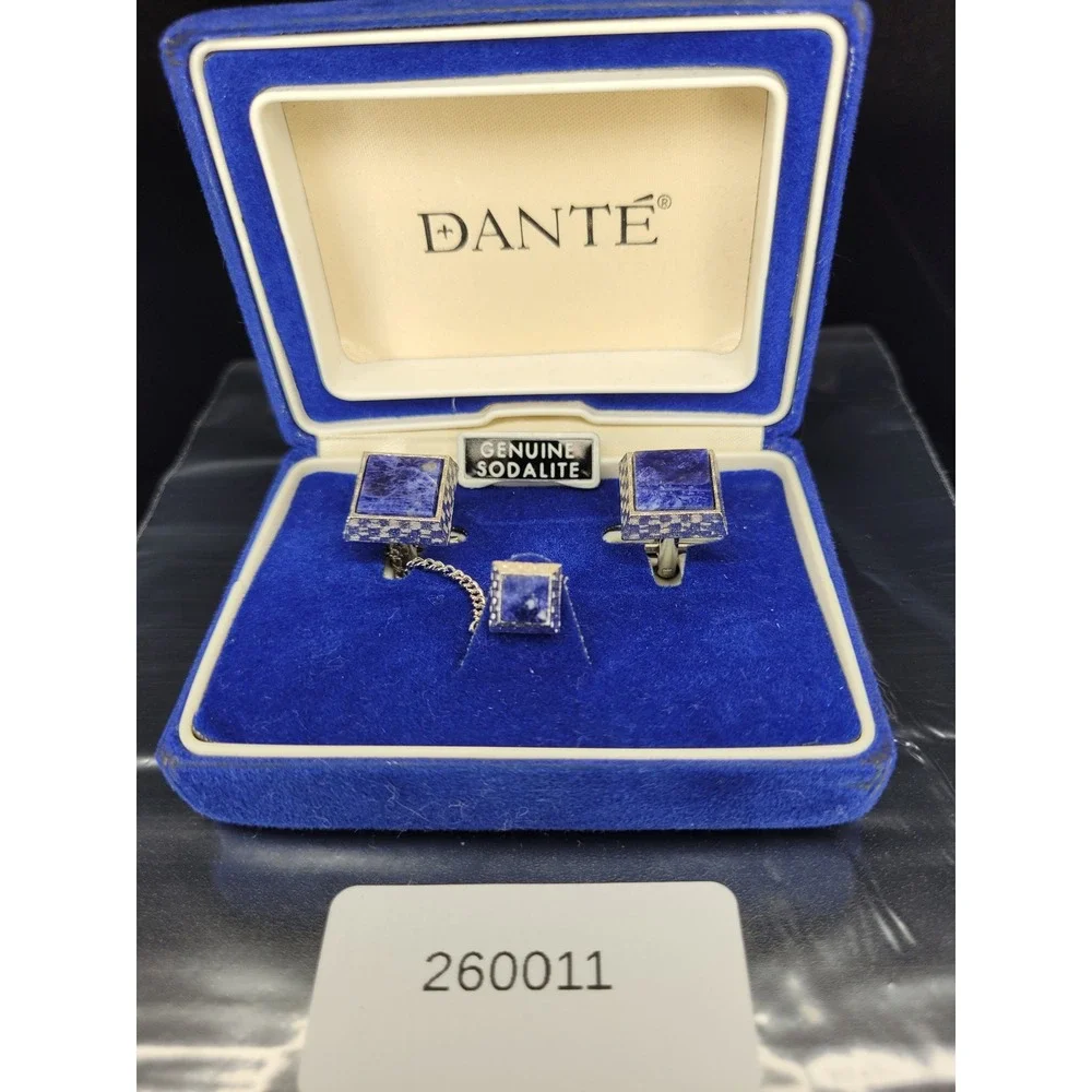 Dante Cufflink Tie Tack Set Blue Genuine Sodalite Silver Square Checkerboard